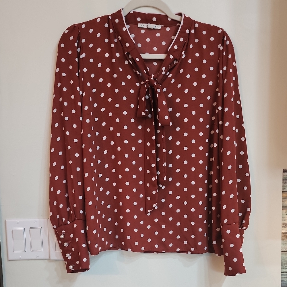Haute Monde Polka Dot Blouse With Pearl Cuff Buttons And Tie Front in Rust